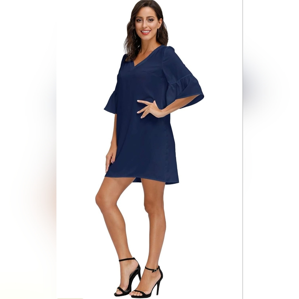 Womans V Neck, Mini Tunic dress Size Medium NWT Navy Blue Bell Sleeves